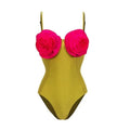 French one-piece solid colour women's bikini swimsuit in polyester with hollow out detail, on female model