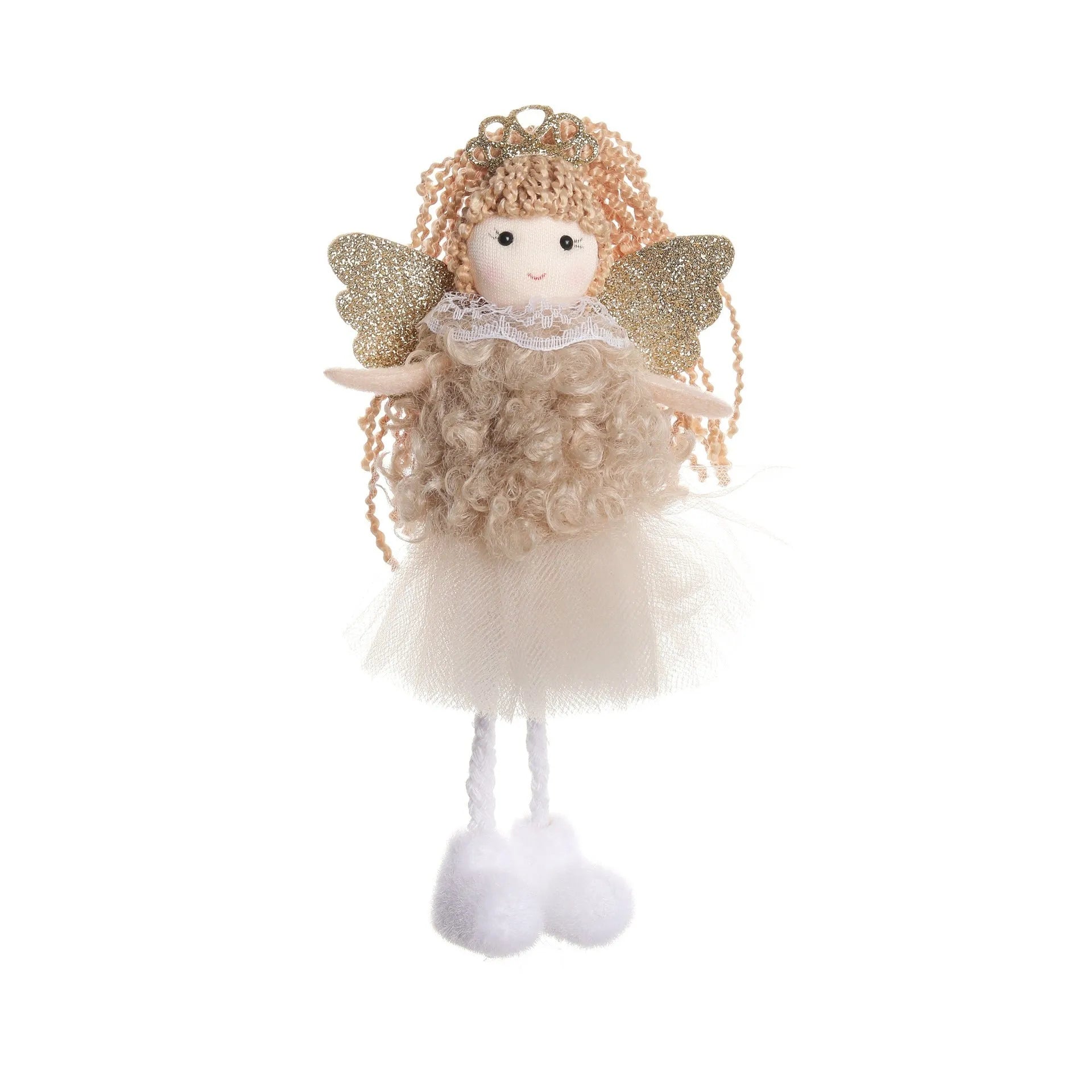 Close-up of a girl's cloth Christmas angel hair pendant clip in white, shown on a high ponytail.