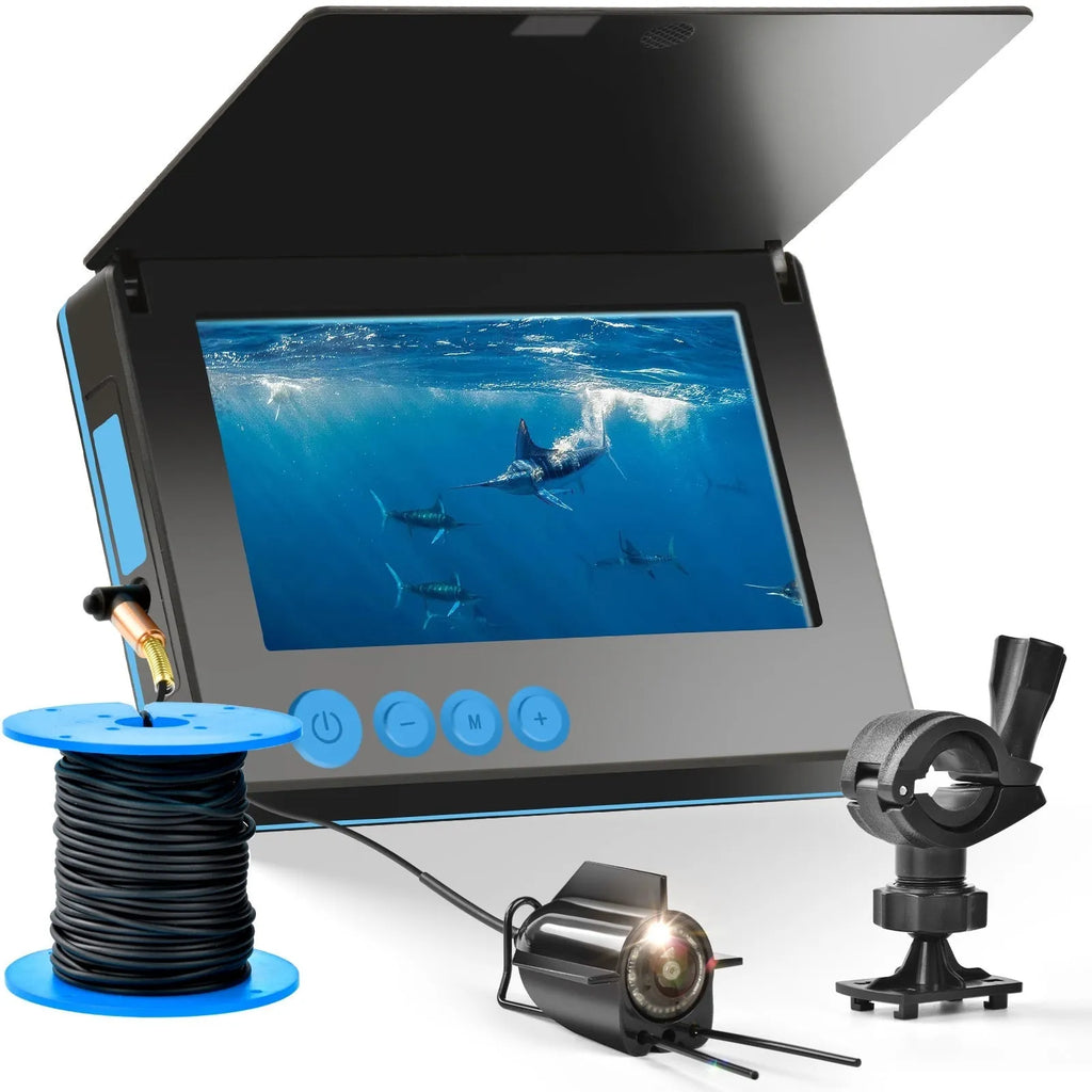 Underwater fish finder HD camera with 4.3-inch IPS screen, showing night vision lights and choice of 15m, 20m, or 30m cable.