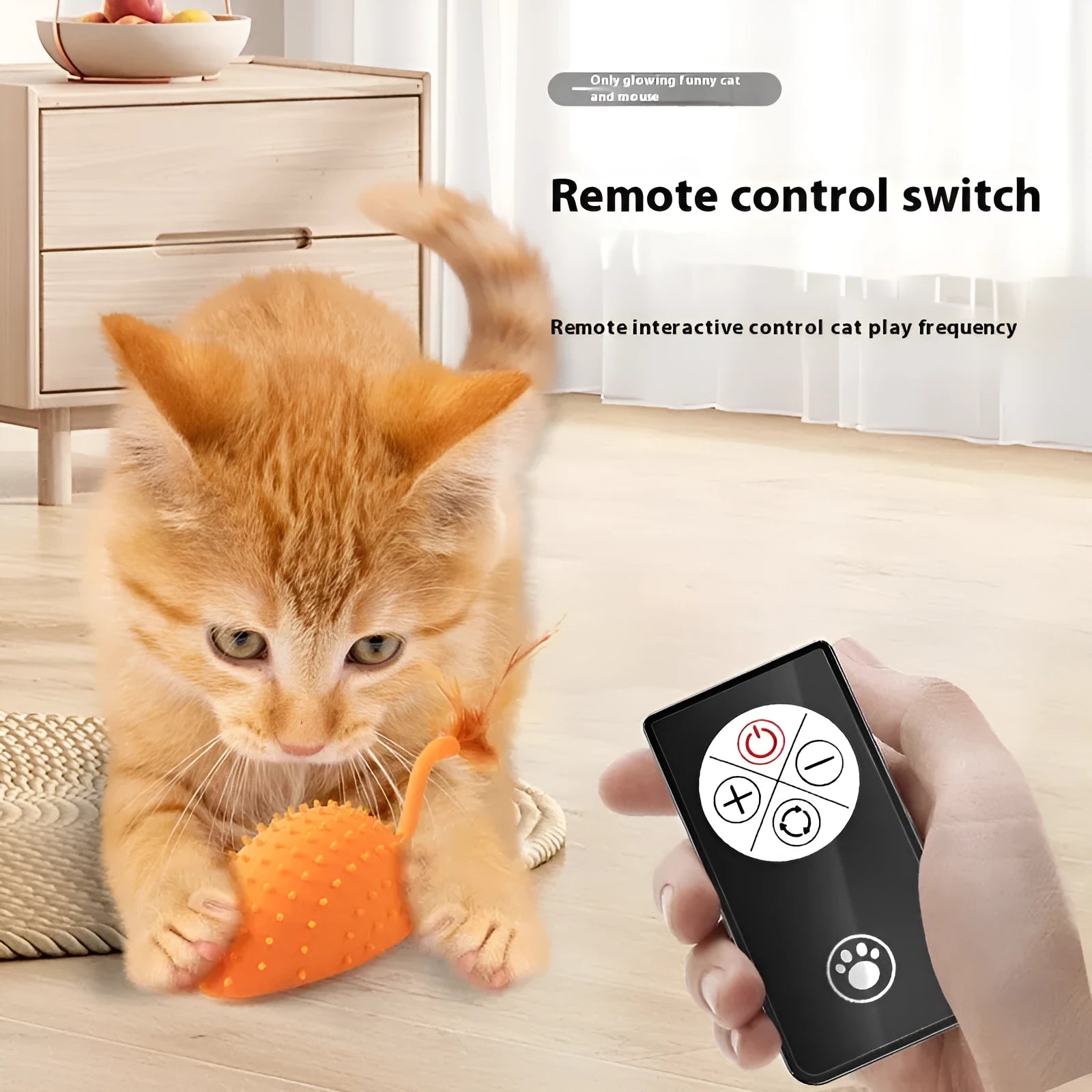 Remote control silicone mouse cat toy with USB charger and feather attachment in cyan colour