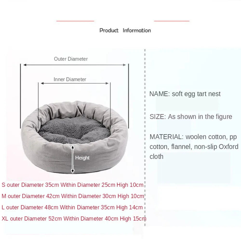 Grey round plush pet bed with a raised rim and non-slip base for small dogs and cats.