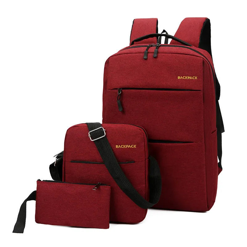 Men's set of three nylon computer bags in black, featuring USB charging port, multiple pockets, and padded shoulder straps.