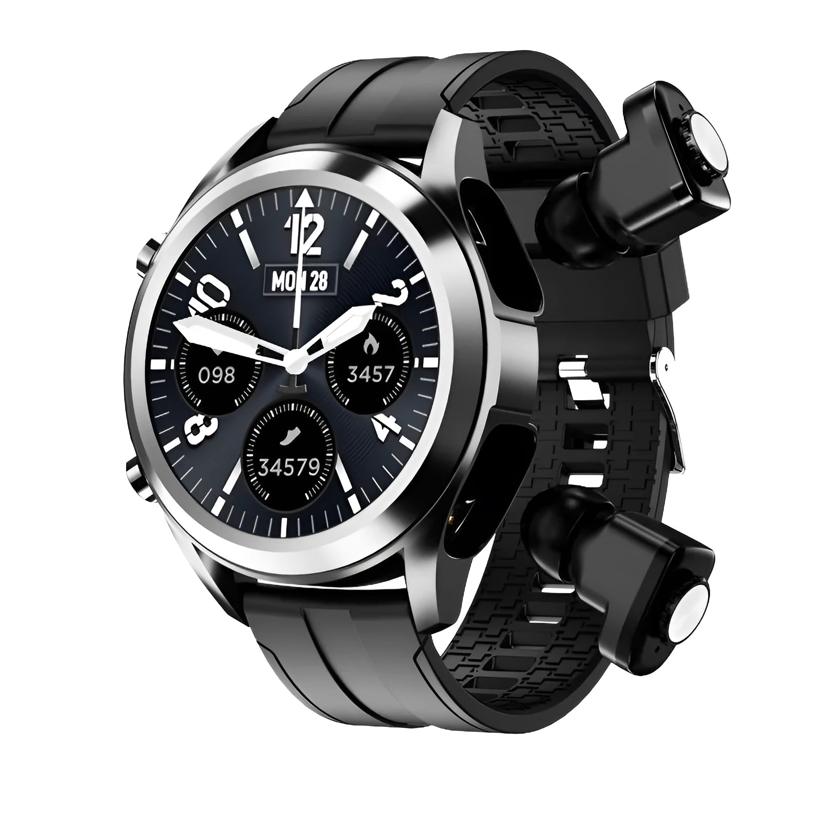 Men's black Bluetooth smart watch with silicone wristband showing heart rate monitor on screen