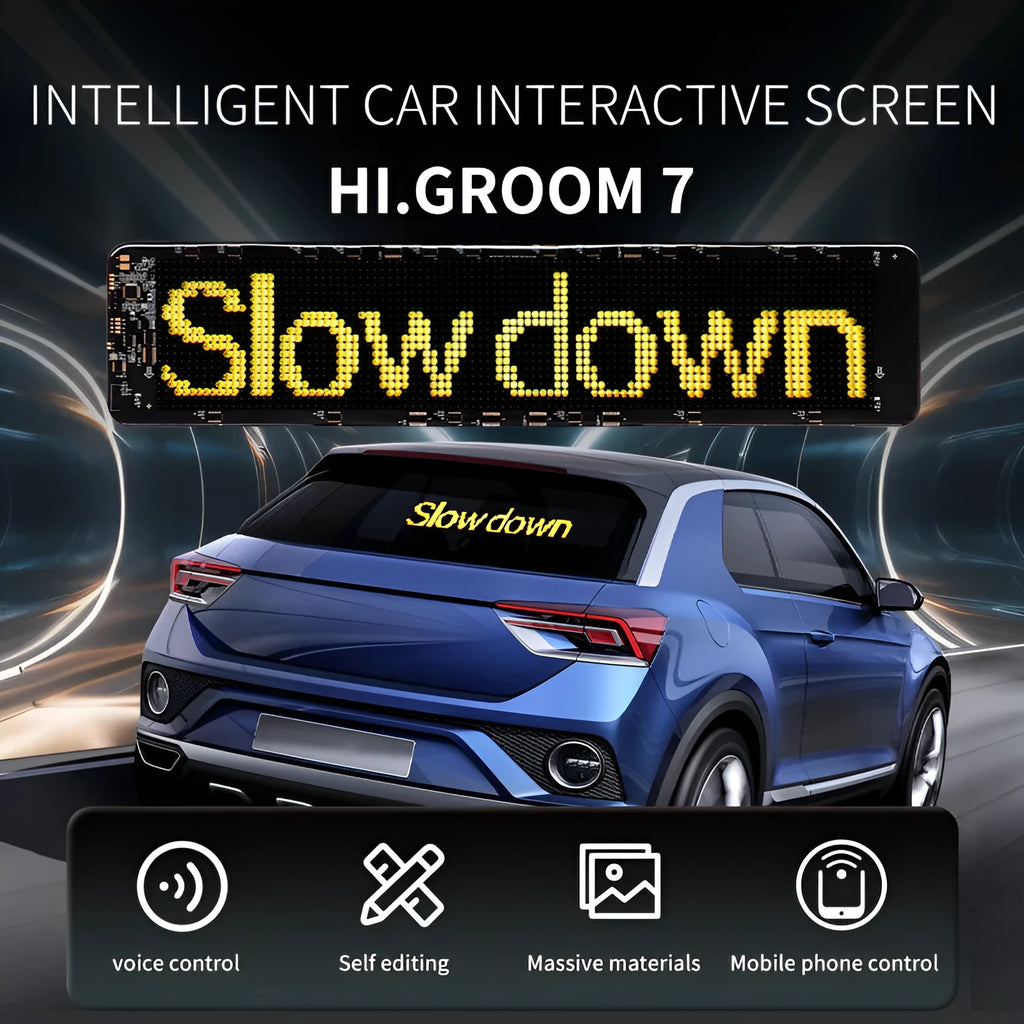 LED smart bumper sticker with 110mm by 492mm display showing custom message on vehicle