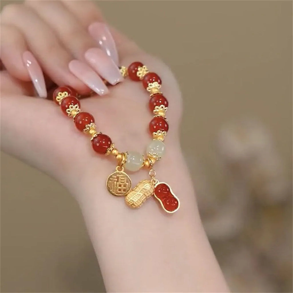 Handmade Chinese national style bracelet with peace buckle clasp and coloured glass rabbit charm
