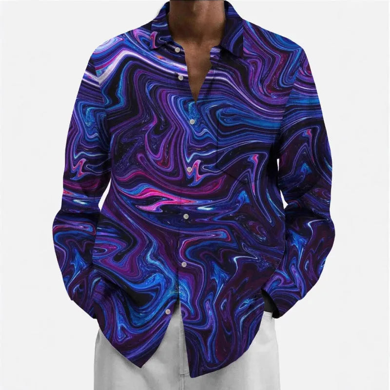 Man wearing a multi-colour patterned long sleeve cardigan, style YS422, for casual leisurewear.