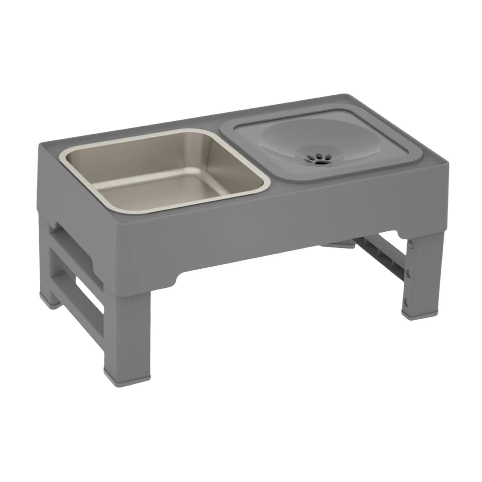 Adjustable height elevated dog feeding station with slow feeder bowl and water bowl on non-slip stand