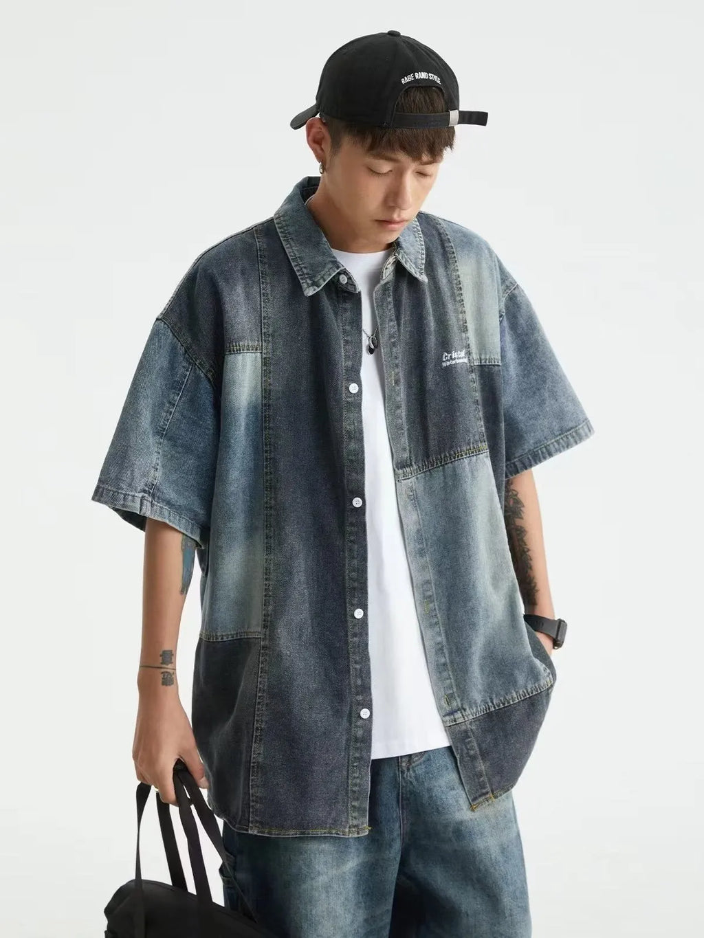 Men's blue Japanese-style retro denim shirt with washed stitching and loose cardigan fit