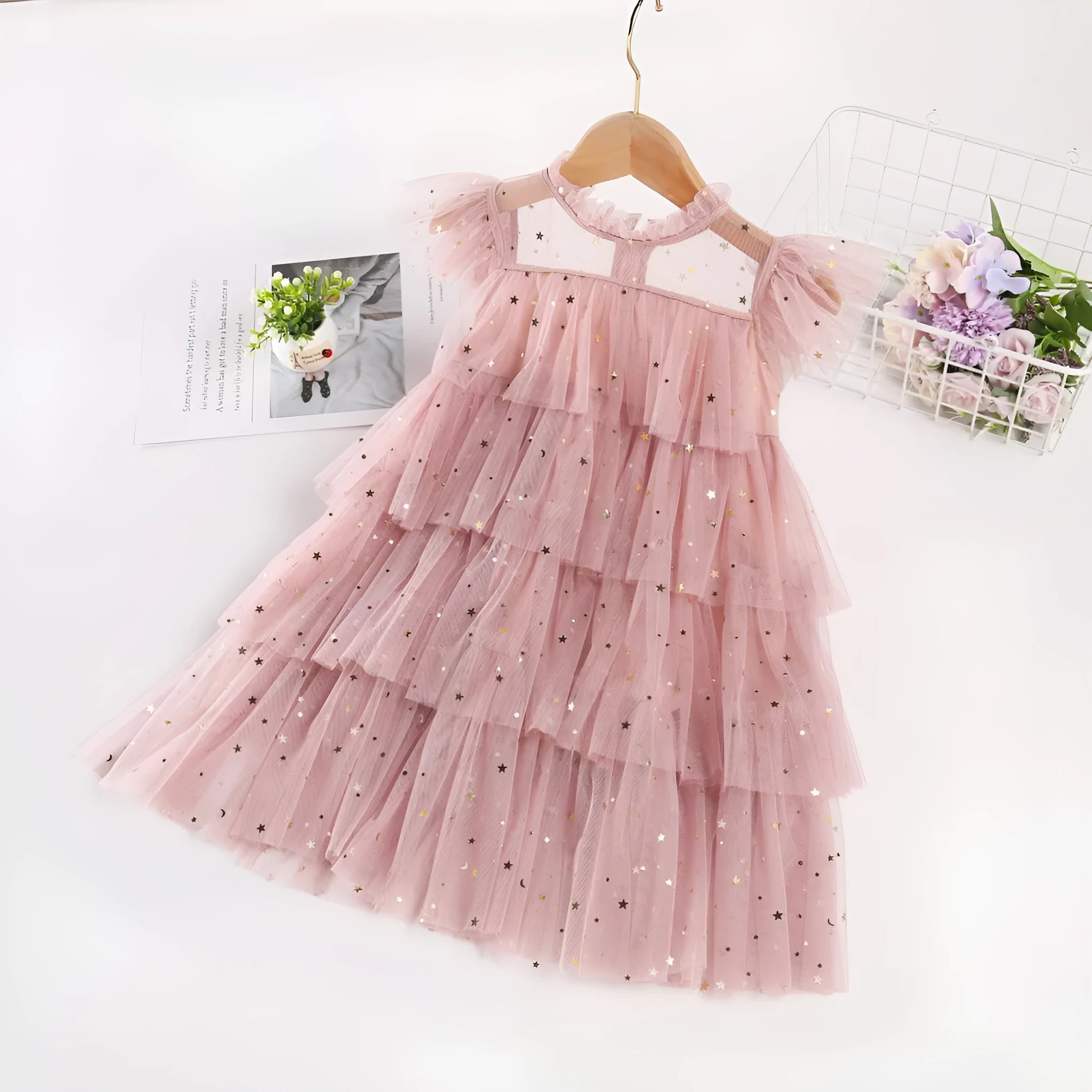Girls' star sequin sleeveless party dress with cotton lining, available in multiple colours for heights 80-160cm