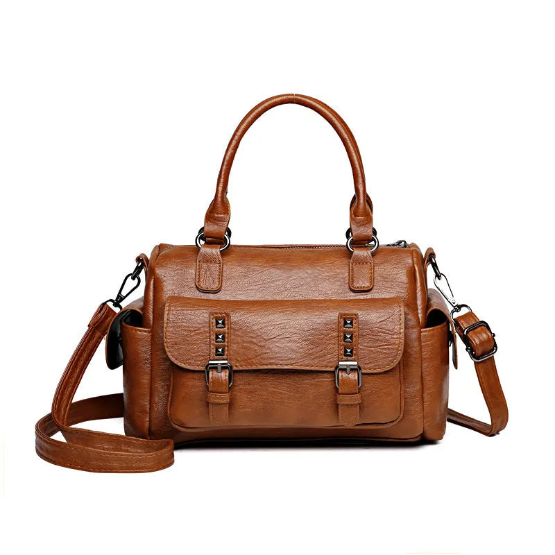 Vintage style messenger bag in PU leather, shown in a horizontal square shape with contrast stitching.