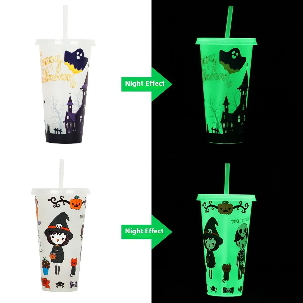 720ml plastic sippy cup with luminous straw in assorted colours for Halloween.