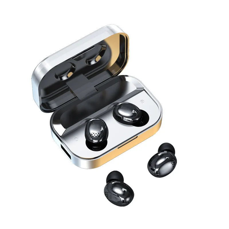 Wireless black Bluetooth sports earbuds with touch controls shown in a charging case.