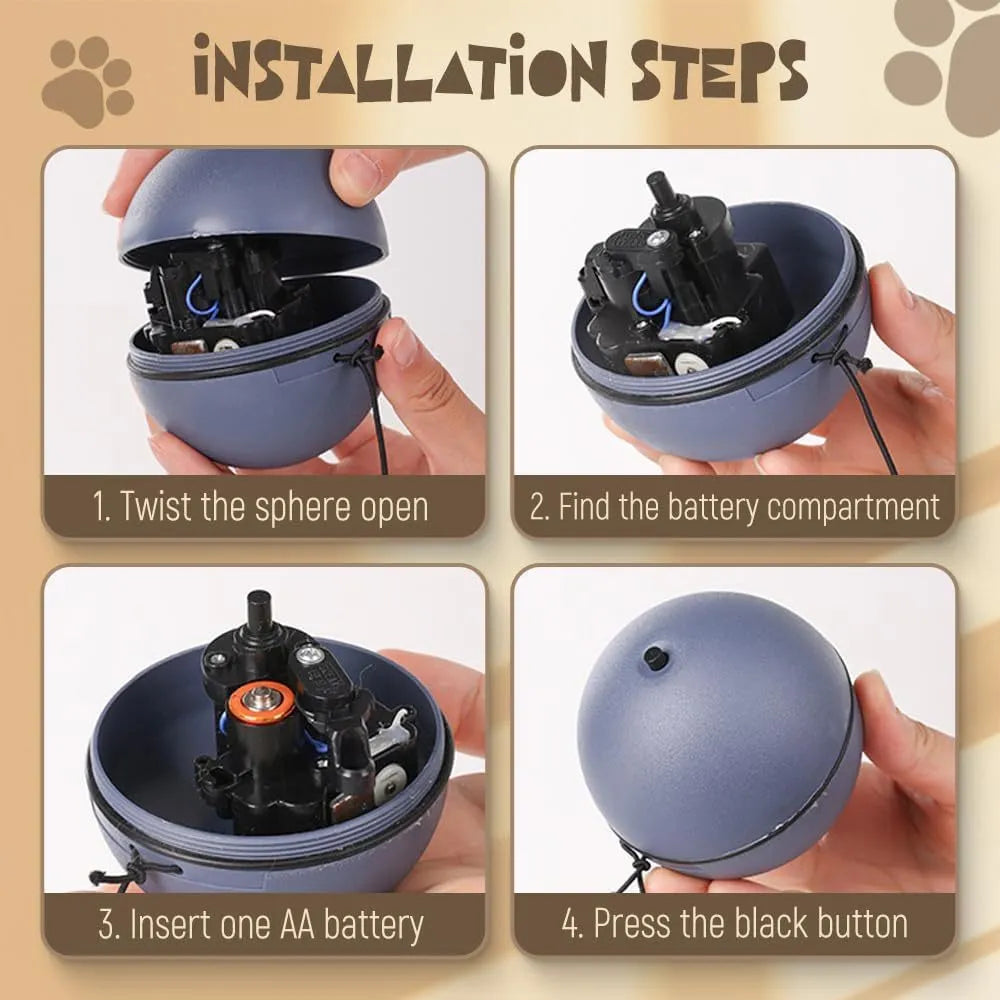 Blue orange and grey automatic rolling electric ball toy for cats and dogs on a hardwood floor