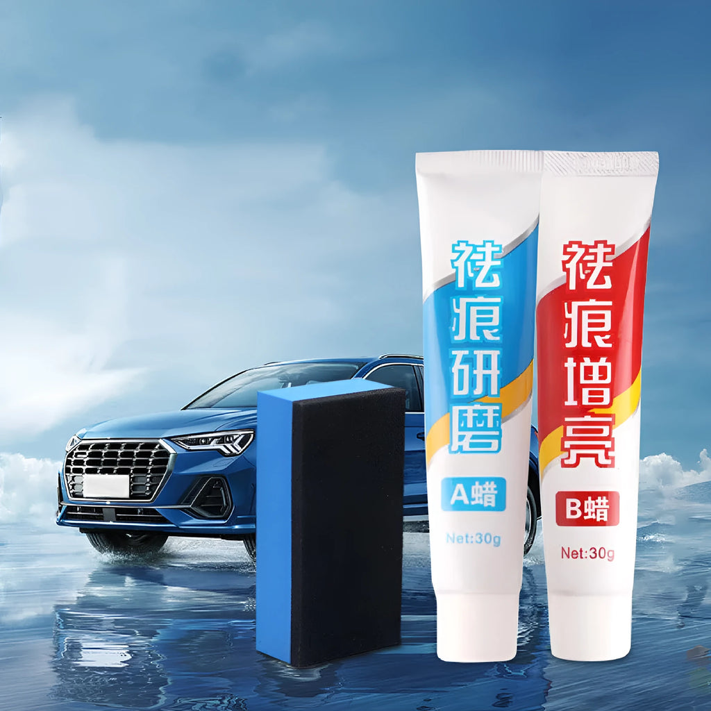 Car repair wax kit showing Scratch Removal A Wax, Brightening B Wax, and a frosted sponge mop for paint correction.