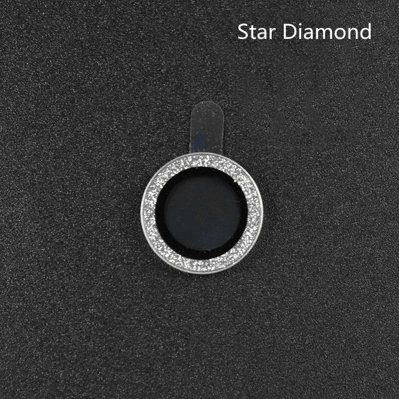 Close-up of a diamond lens protective film with aluminium ring for iPhone 12 Pro Max in silver.
