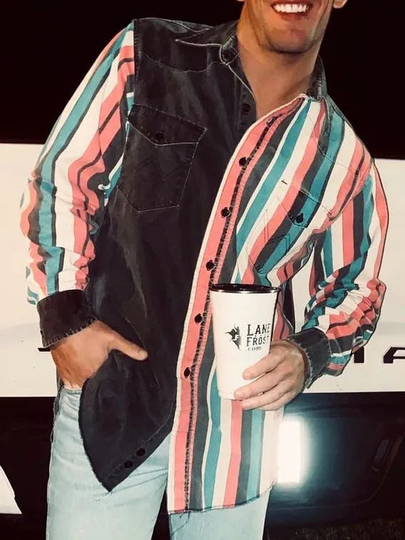 Men's retro printed long sleeve striped casual shirt with cardigan front in loose polyester fit