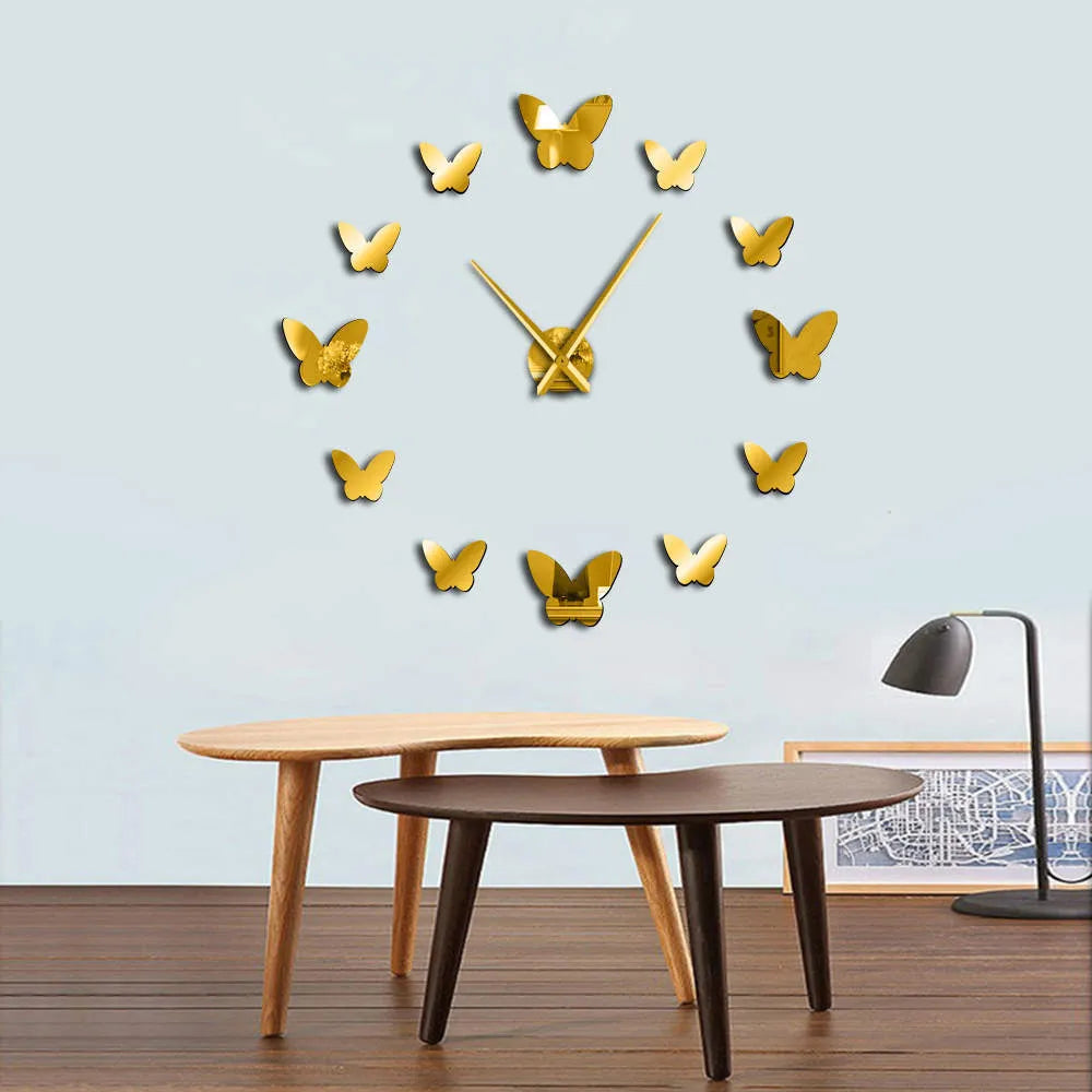 3D mirror wall clock butterfly design round Scandinavian style black gold silver home decor