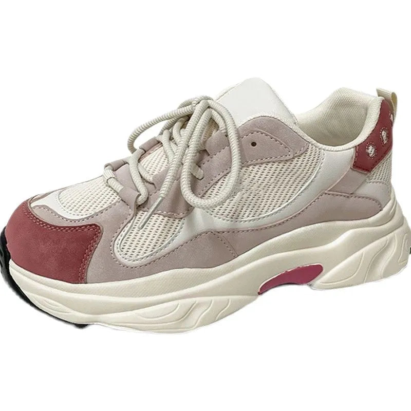 Women's thick-sole height-increasing fashion sneakers in pink with PU upper and lace-up design