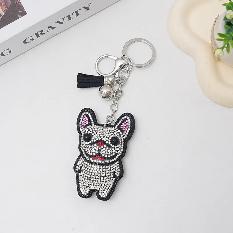 French Dog cartoon animal rhinestone keychain in electroplated colours, 5-7cm bag tassel pendant