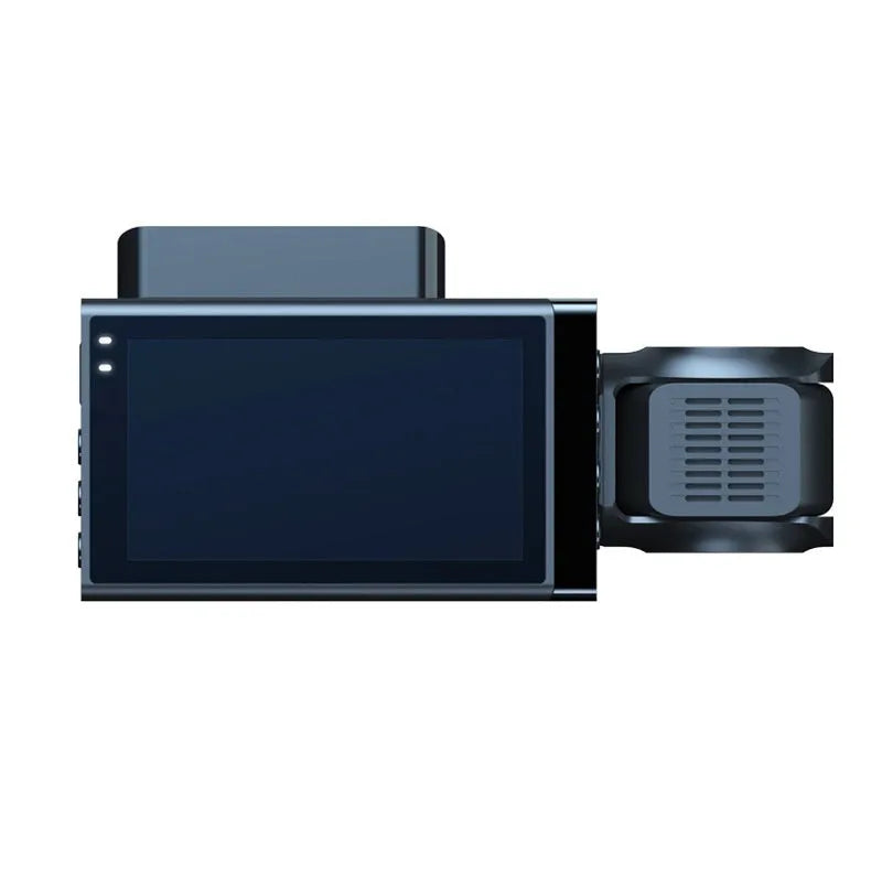 Black car dash camera with 5-inch touchscreen mounted on vehicle windscreen bracket