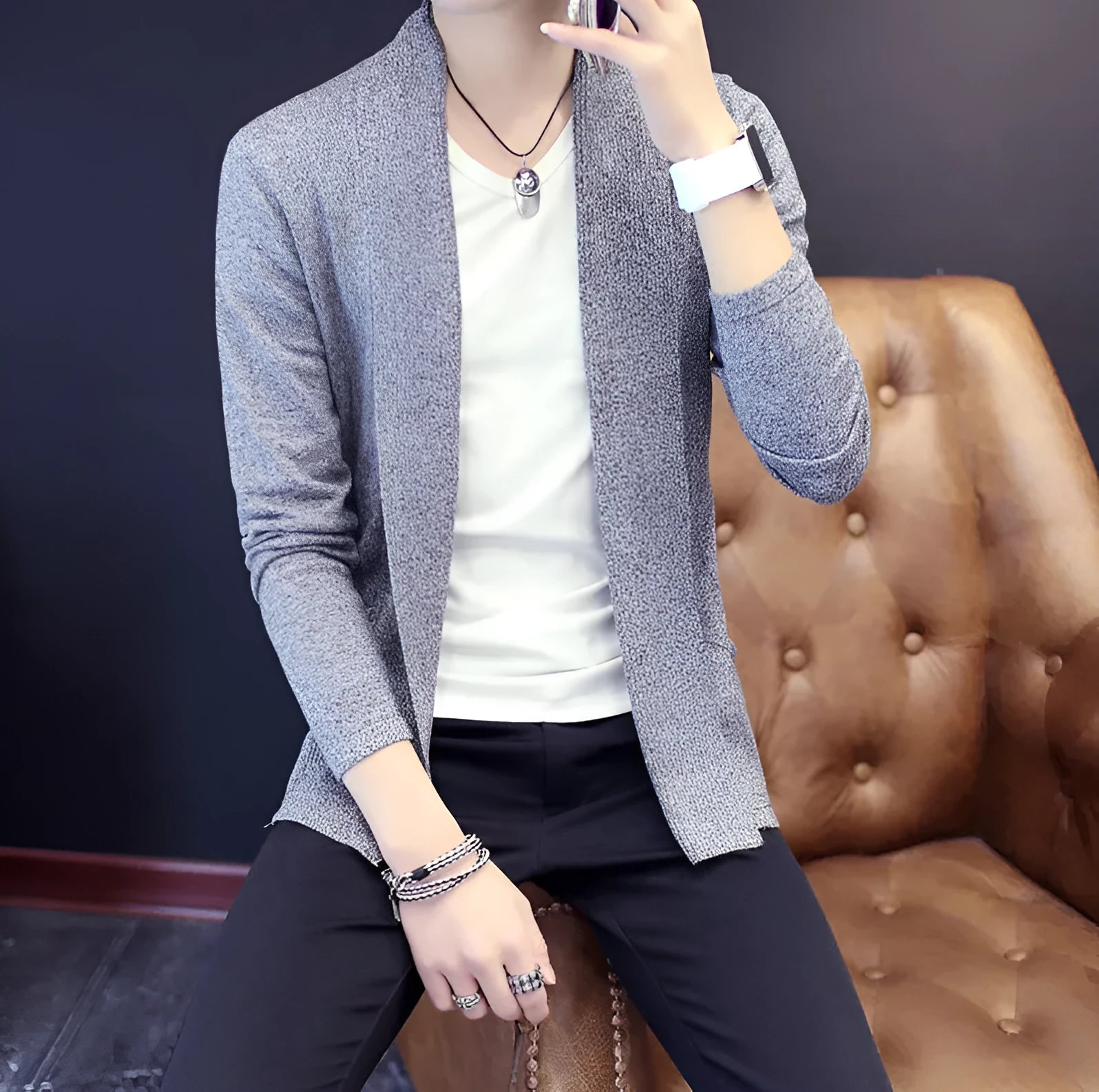 Korean style short black cardigan in slim fit polyester with folding craft detail
