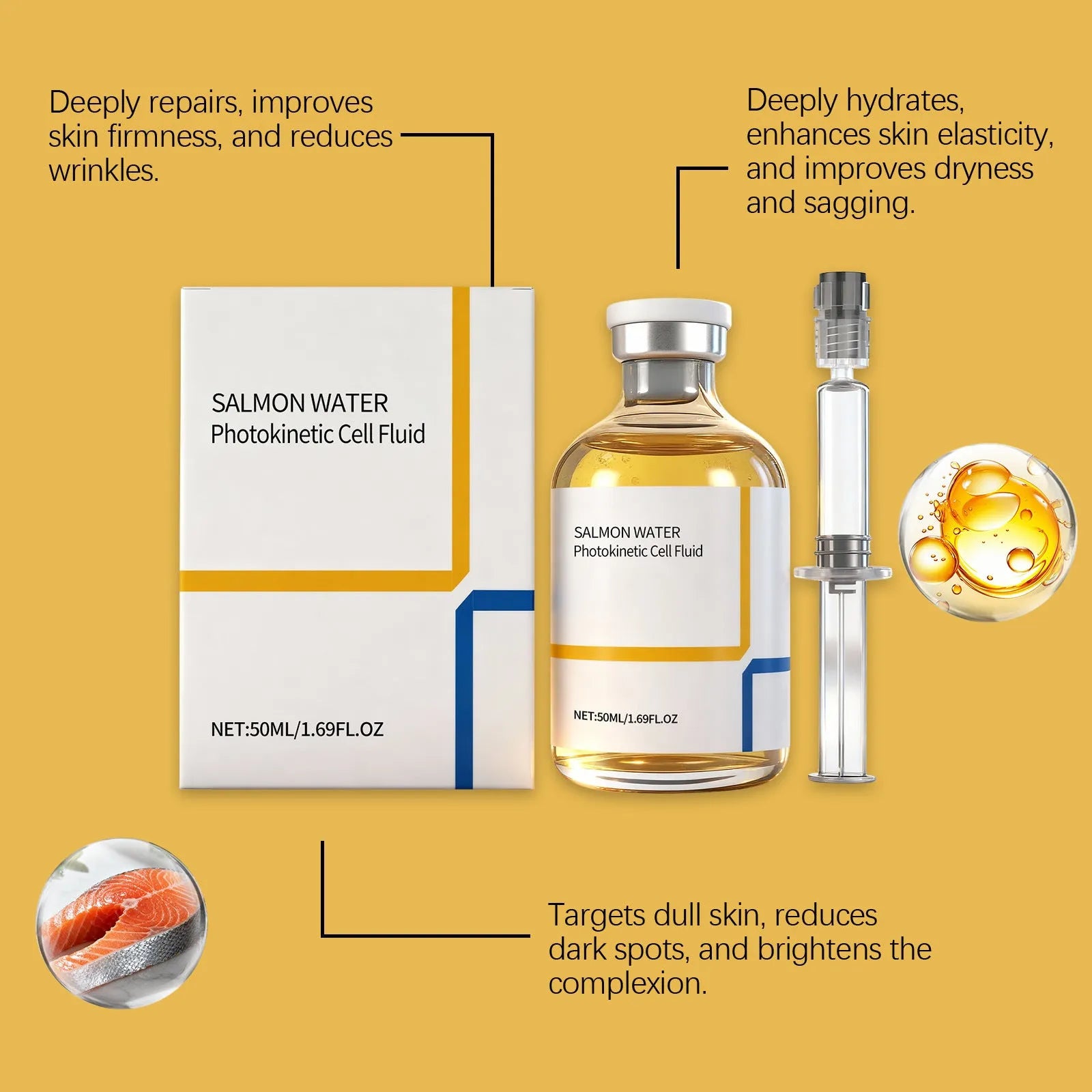Facial essence ampoule 50ml with collagen and salmon extract, next to mixing tube, on clean surface