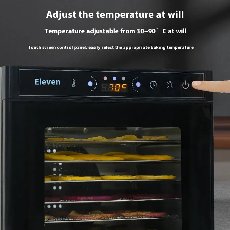 Stainless steel fruit dehydrator with visual skylight on top, showing multiple drying trays inside.