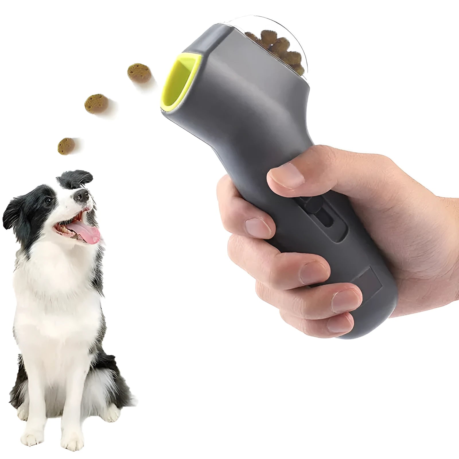 Grey plastic manual dog treat catapult launcher for outdoor training and play