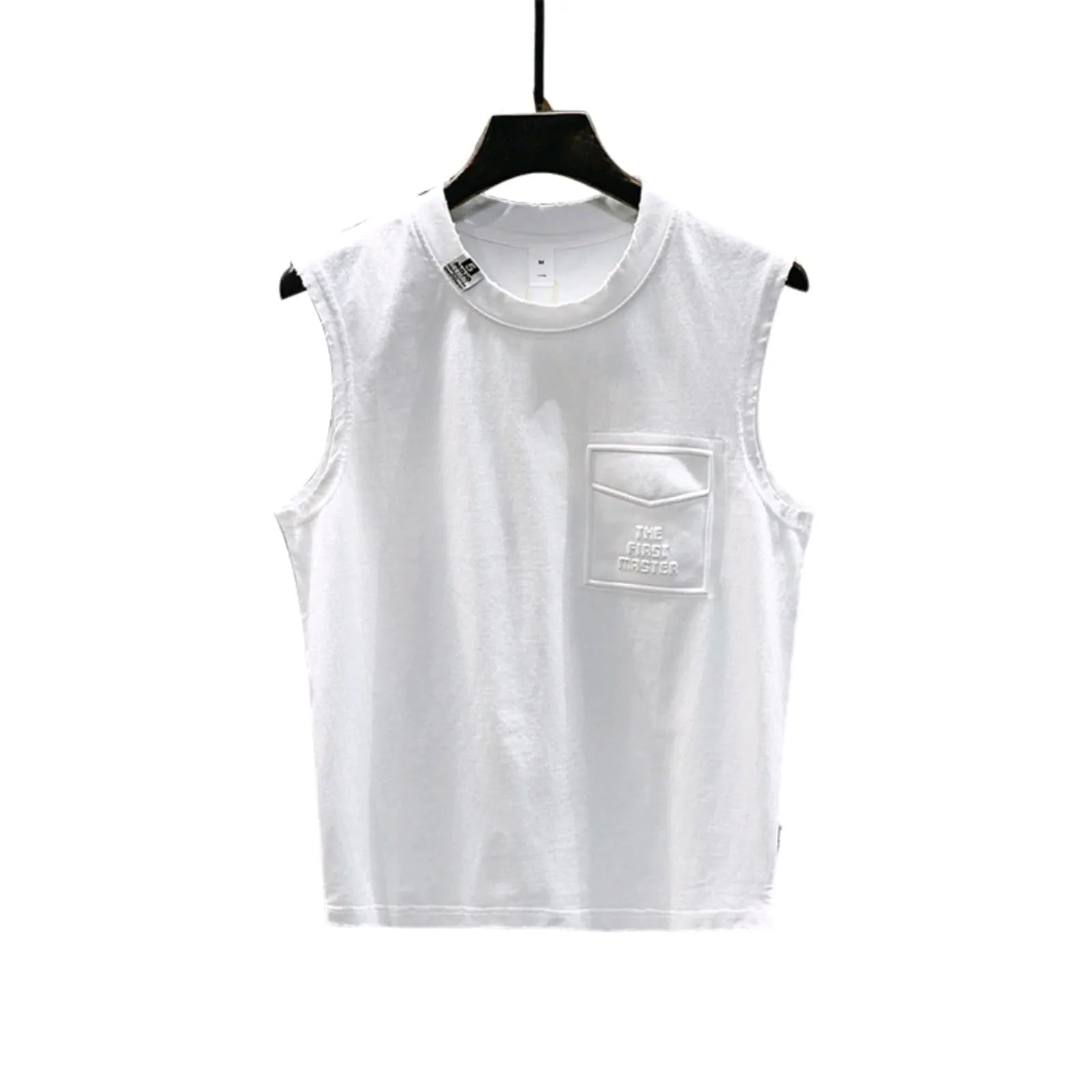 Men's solid black cotton sleeveless t-shirt with loose fit and straight hem on a white background.
