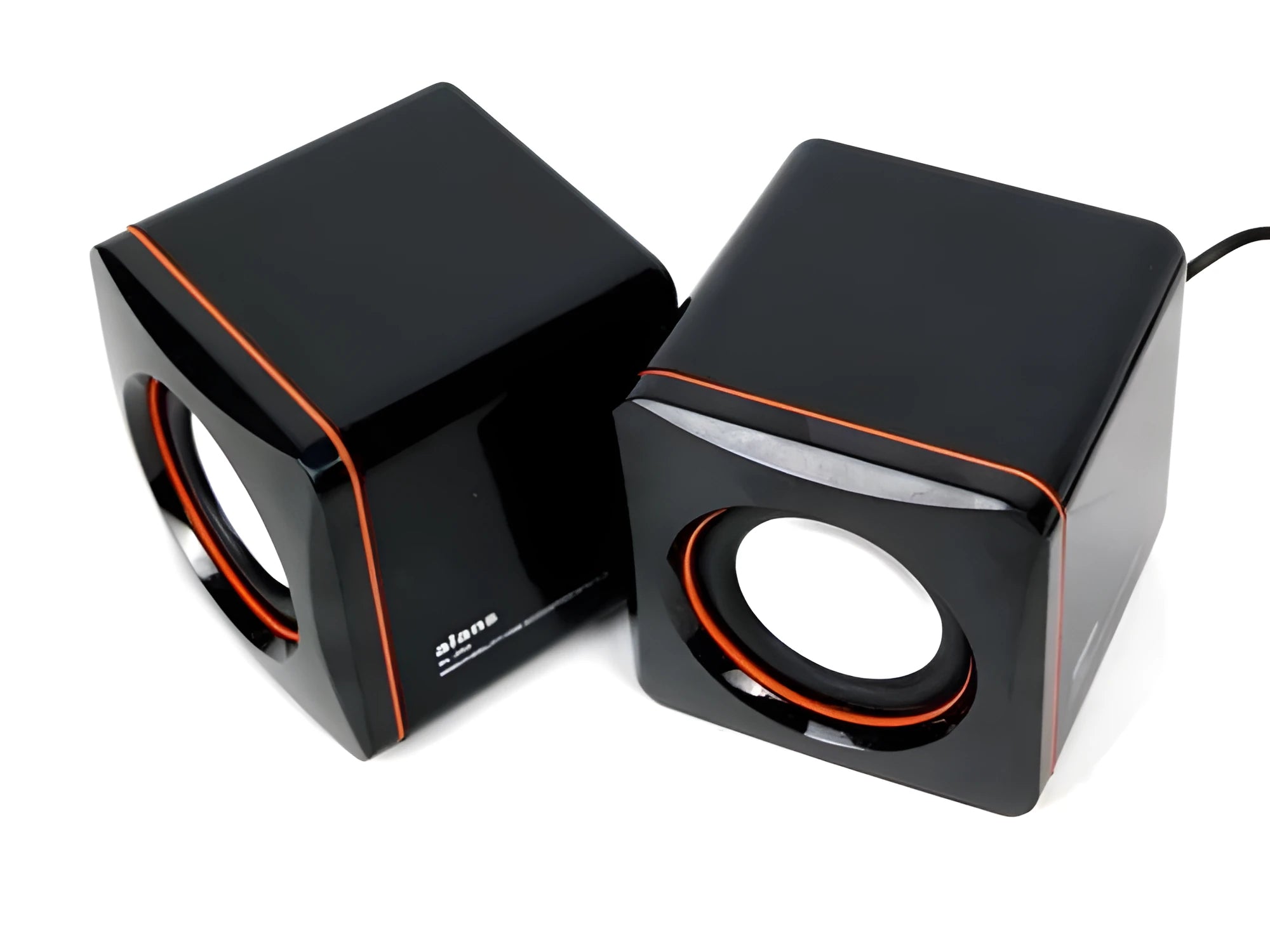 Black square USB-powered 2.0 mini desktop speaker for computer and laptop audio.