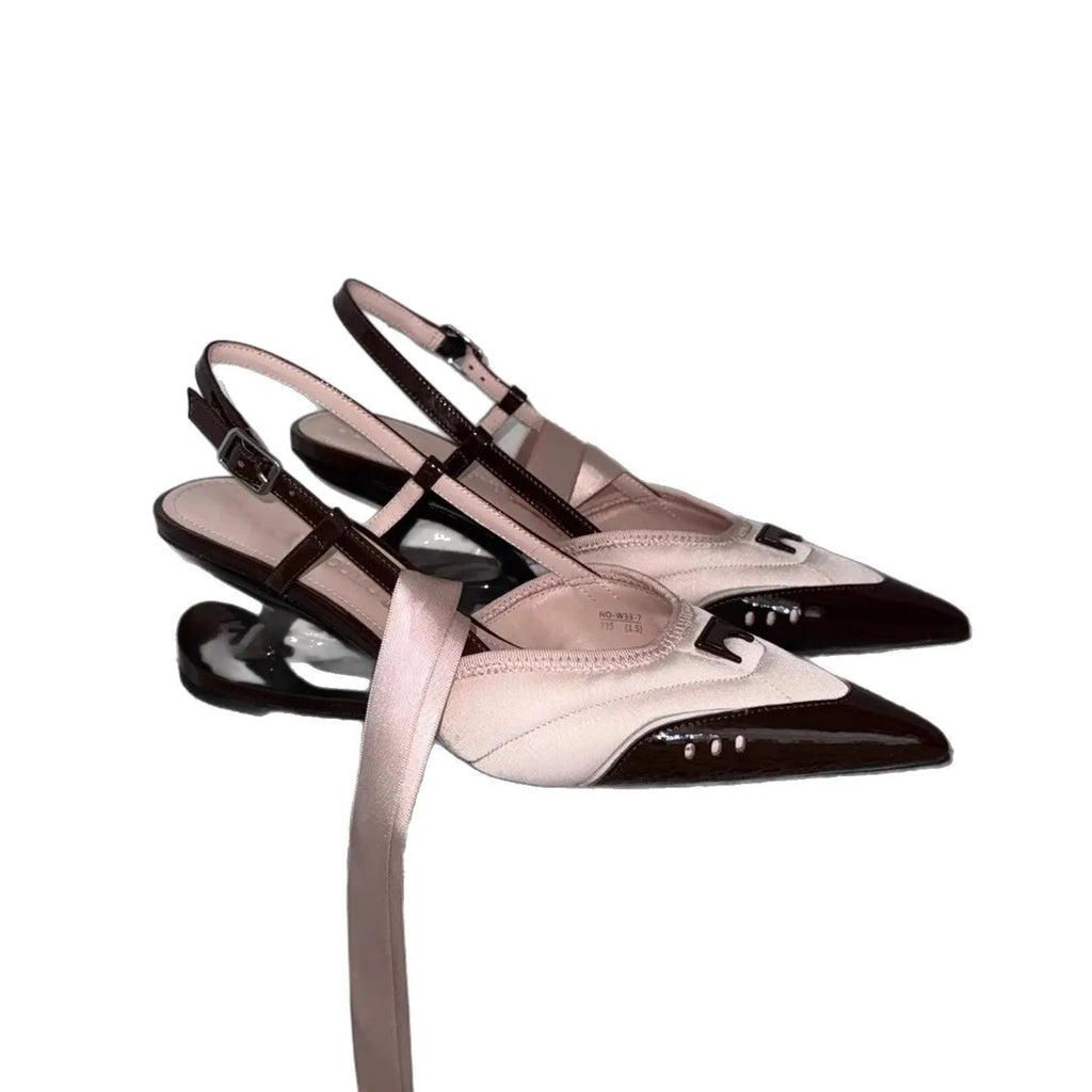 Women's special-shaped lace-up high heels in black and pink with a cowhide upper.