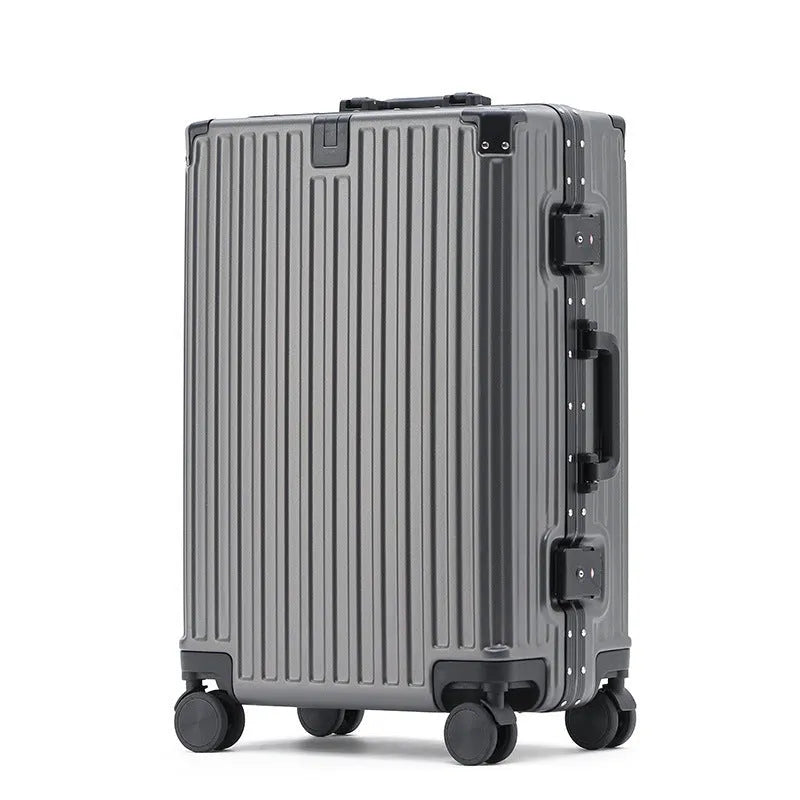Hard shell aluminium frame luggage in avocado green with USB port and universal wheels.