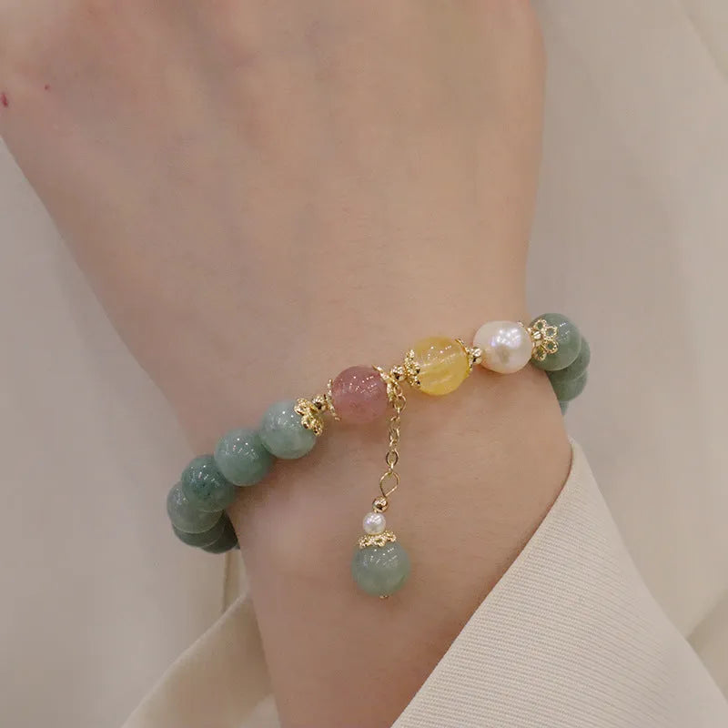 Myanmar jade beaded bracelet with geometric beads and pearl accents in Han style design