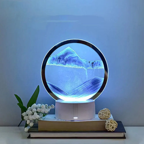 3D quicksand touch table lamp with glass shade in blue colour, measuring 200mm tall