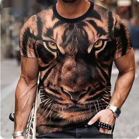 Men's fierce lion 3D printed T-shirt in polyester fabric with extended sizing options