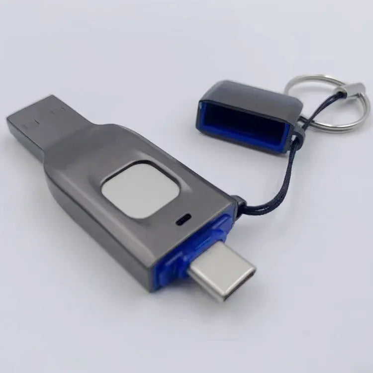 Black fingerprint USB flash drive showing USB 3.0 connector and Type-C port for computers and mobile devices