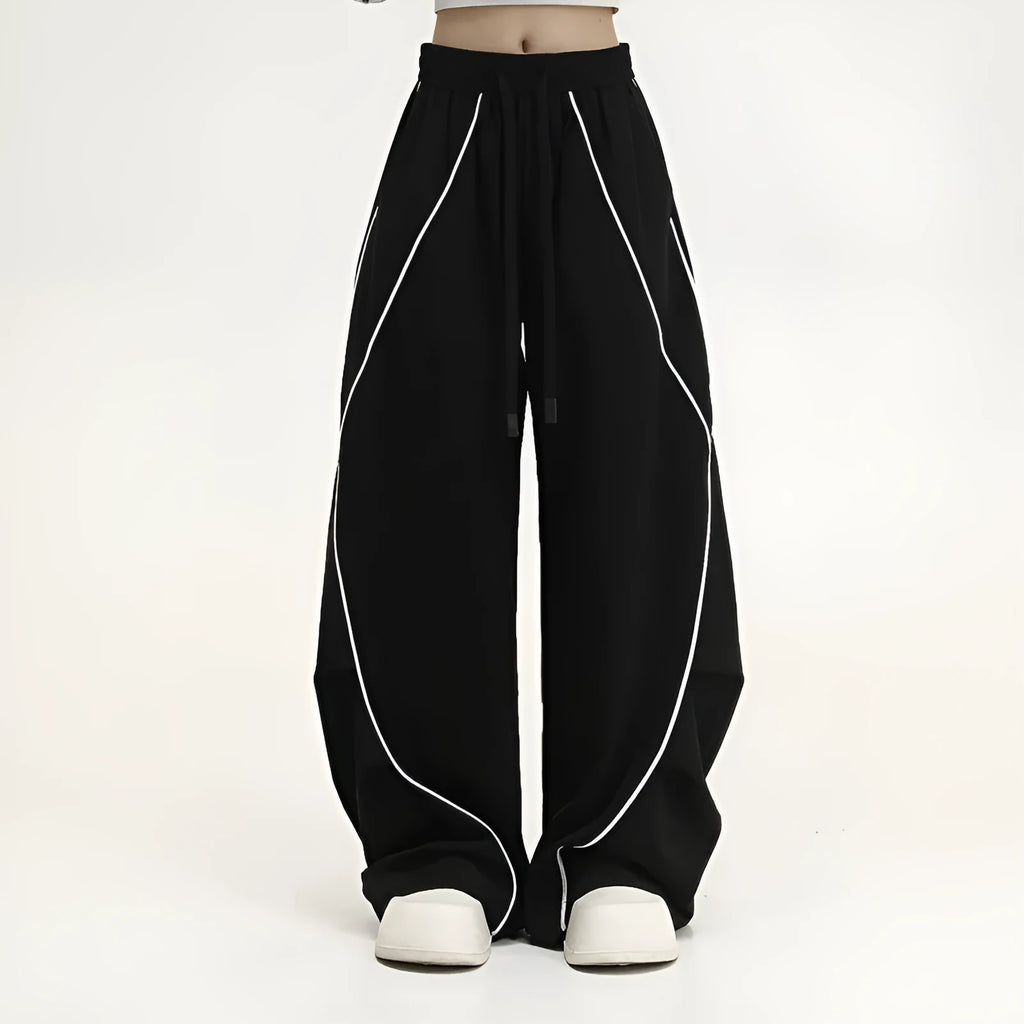Black striped wide-leg hip hop sports pants with a mid waist and loose fit.