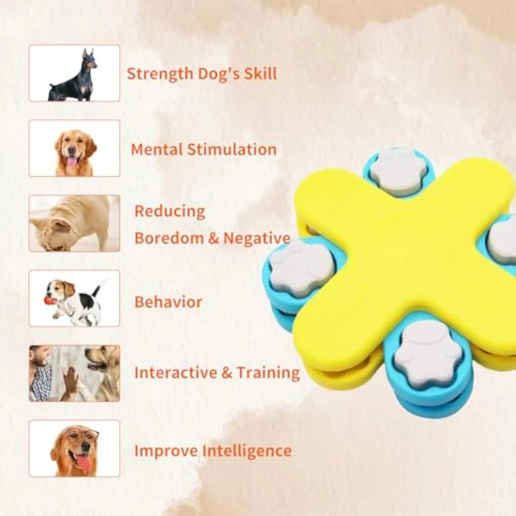 Yellow three-layer rotating dog puzzle feeder toy with anti-slip rubber base on a floor.