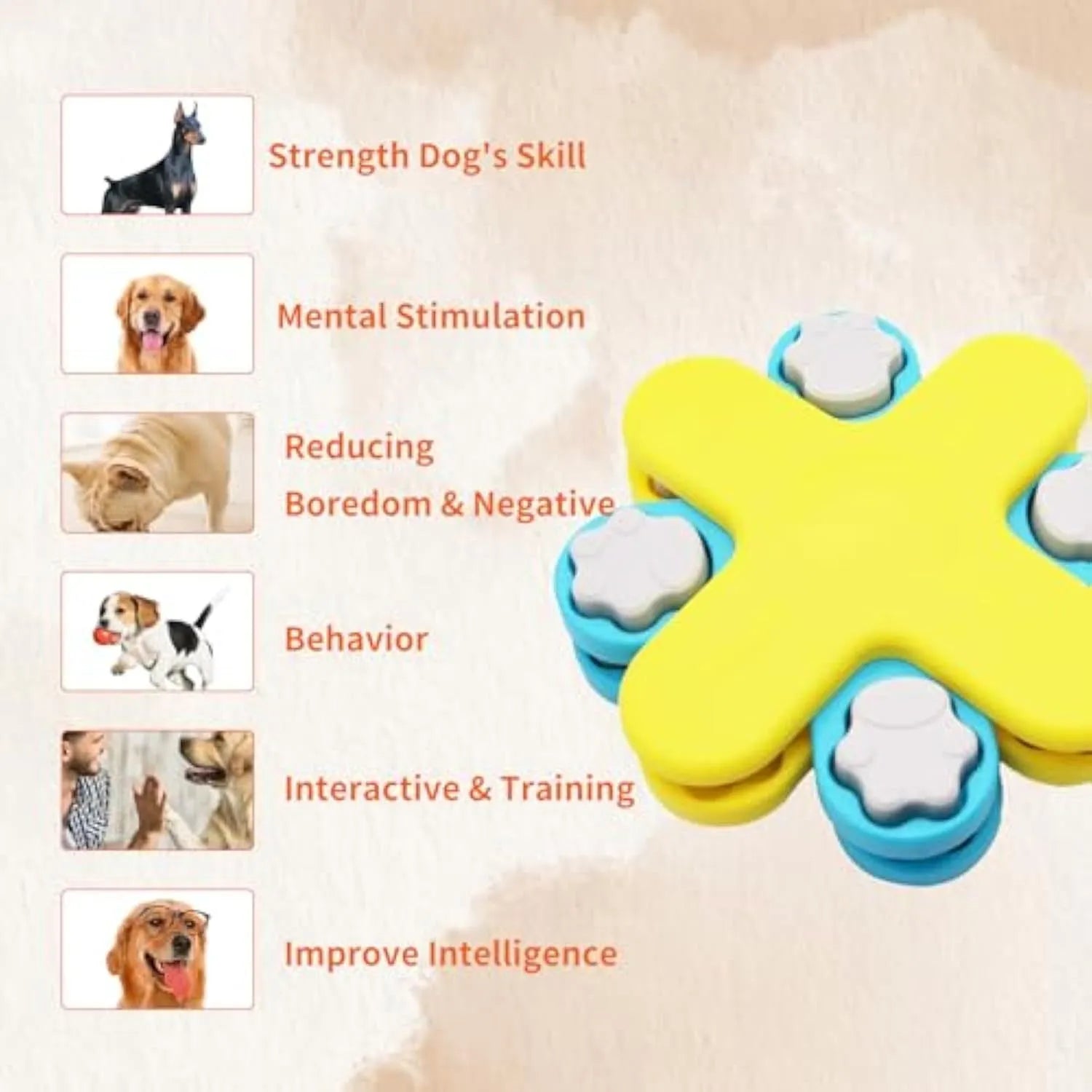 Yellow three-layer rotating dog puzzle feeder toy with anti-slip rubber base on a floor.