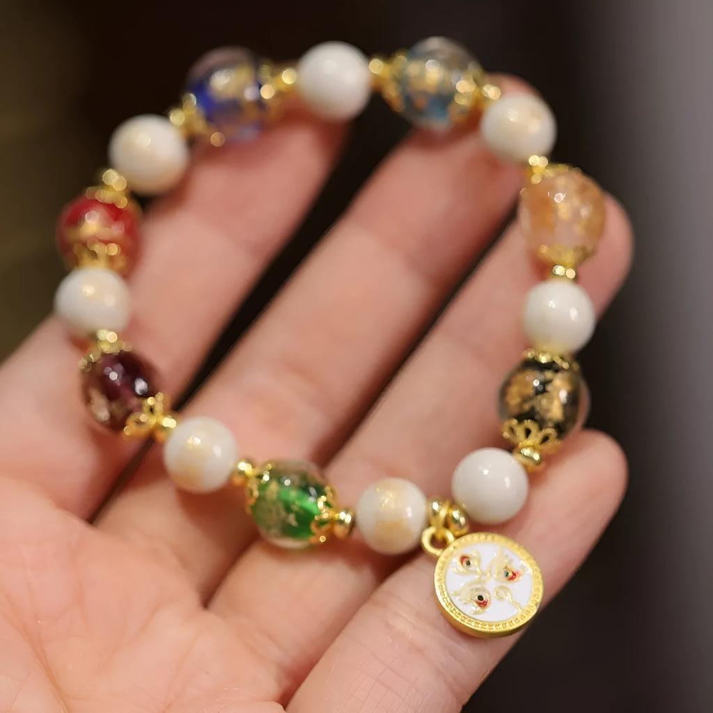 Handmade fragrant gray porcelain bracelet with Five Gods of Wealth motif and 10mm geometric beads