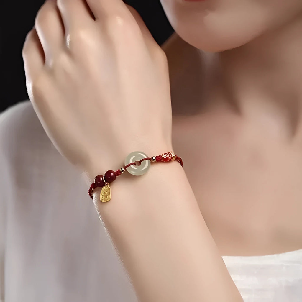 Hetian Jade peace buckle bracelet with braided rope in three colour options