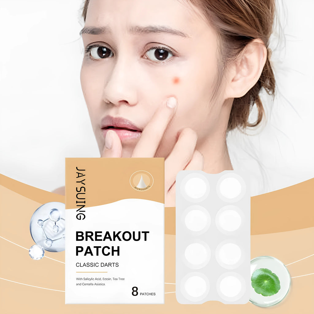 Box of eight acne patches for spot treatment containing tea tree oil and centella extract.