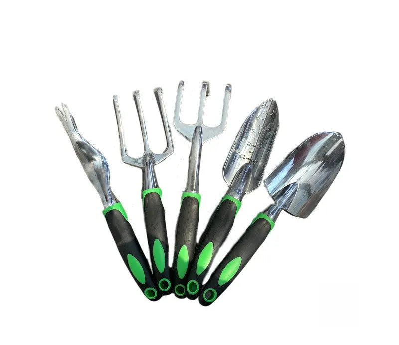 9-piece green aluminium alloy garden tool set with silicone two-colour handles for nursery seedling cultivation
