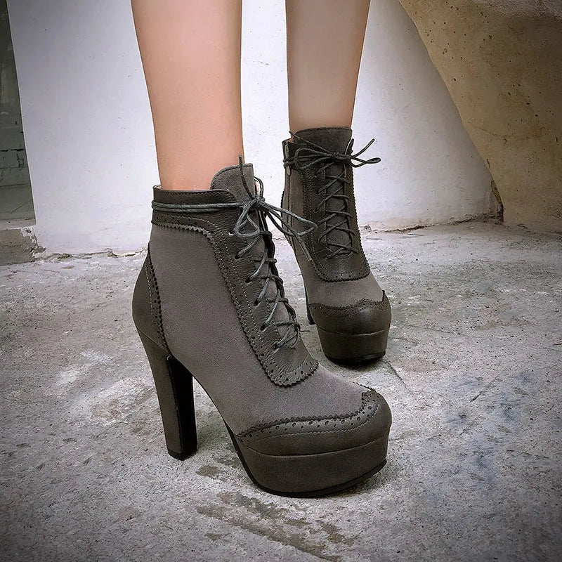Women's ultra-high heel round toe low-cut Martin boots with waterproof platform, side zipper, black colour