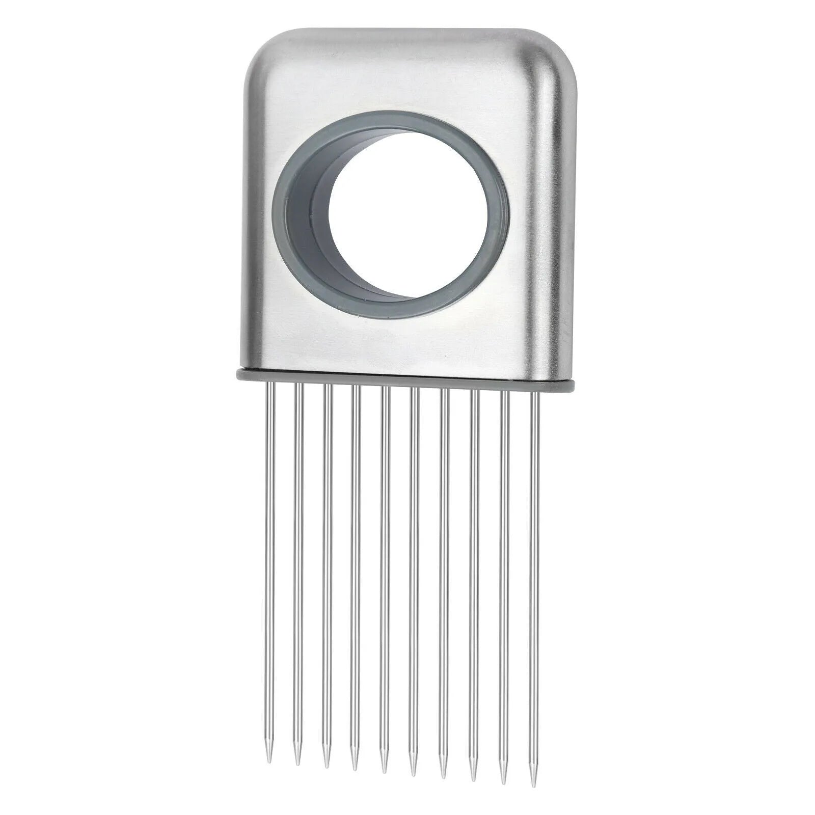 Stainless steel onion holder with sharp prongs and finger guard for vegetable slicing