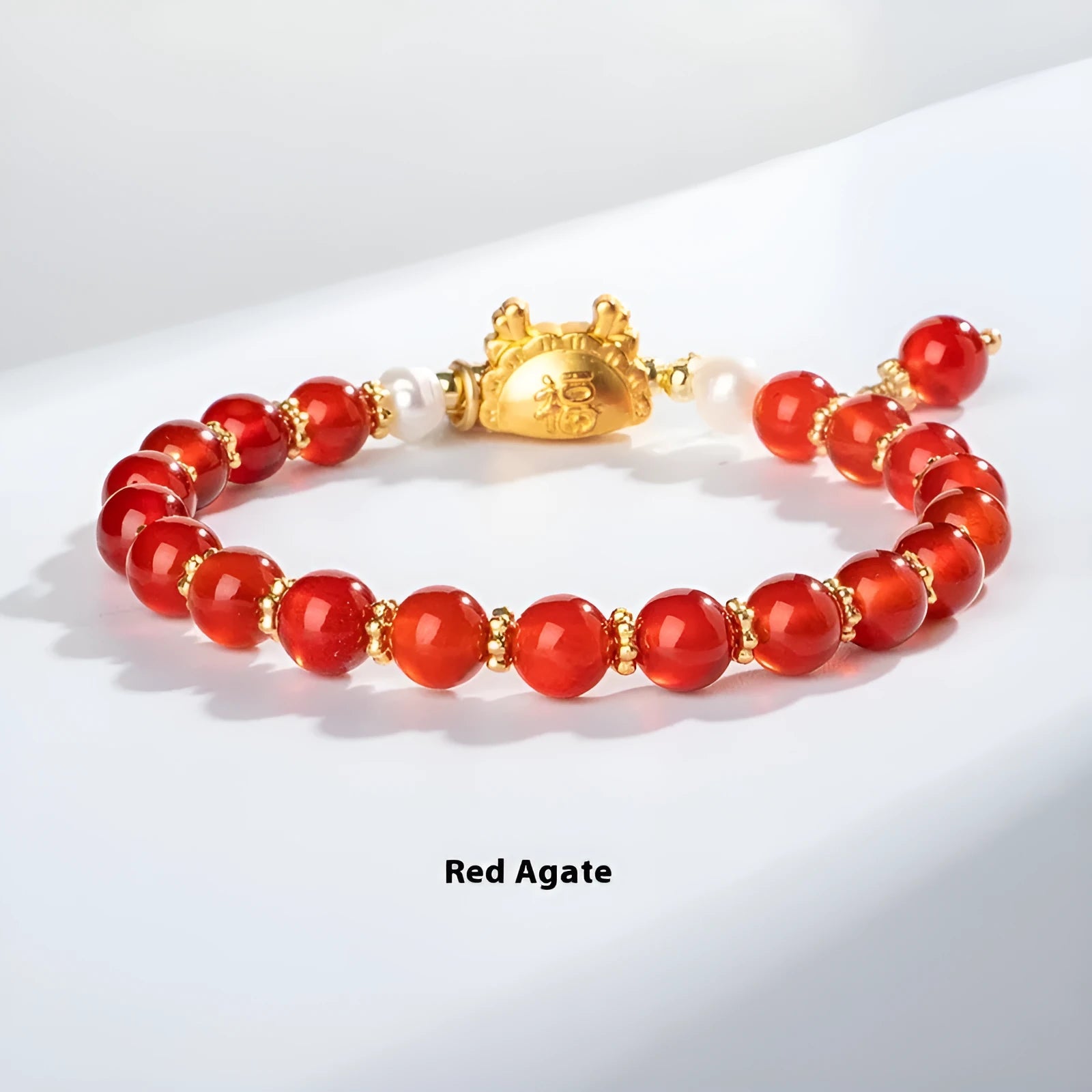 Natural agate crystal bracelet with 8mm diamond-cut beads and zodiac dragon design