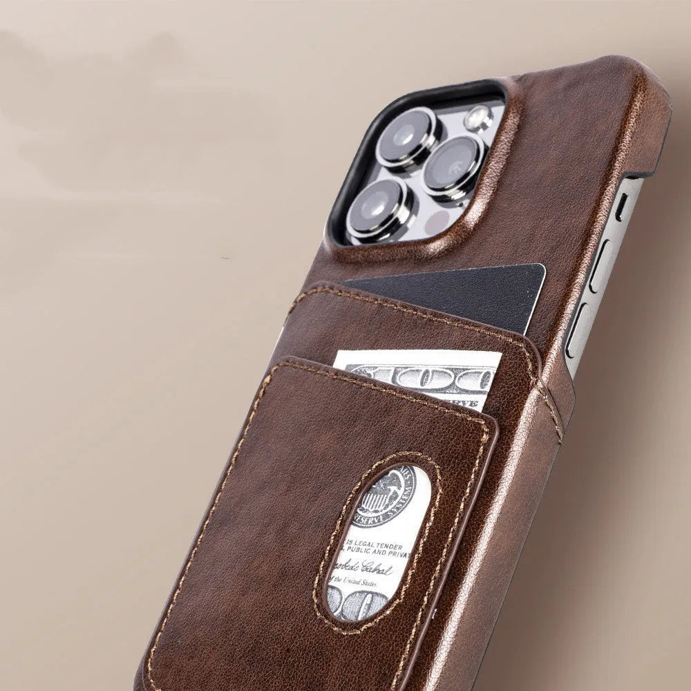 PU leather flip phone case in brown showing front cover with card slot, fits iPhone 13 series models