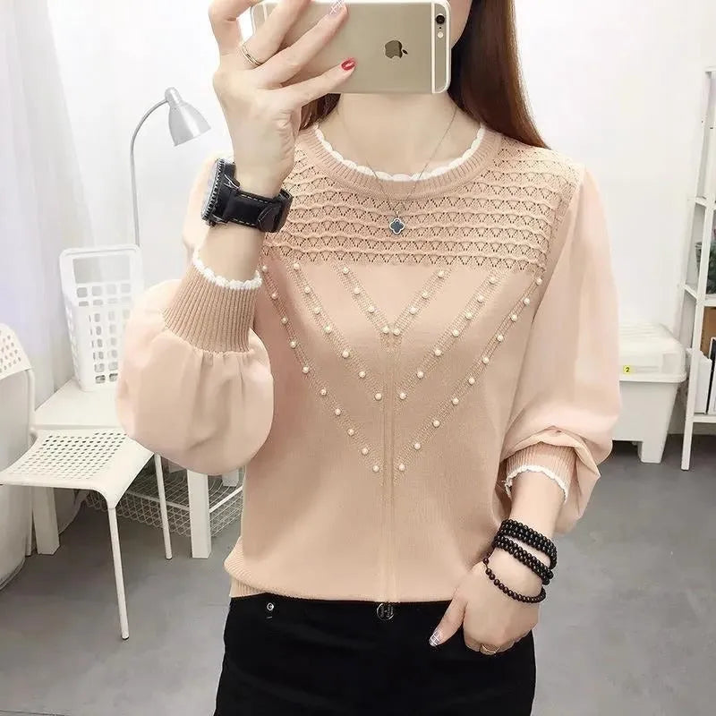 Womens chiffon ice silk knitted bottoming shirt long sleeve round neck loose fit in black