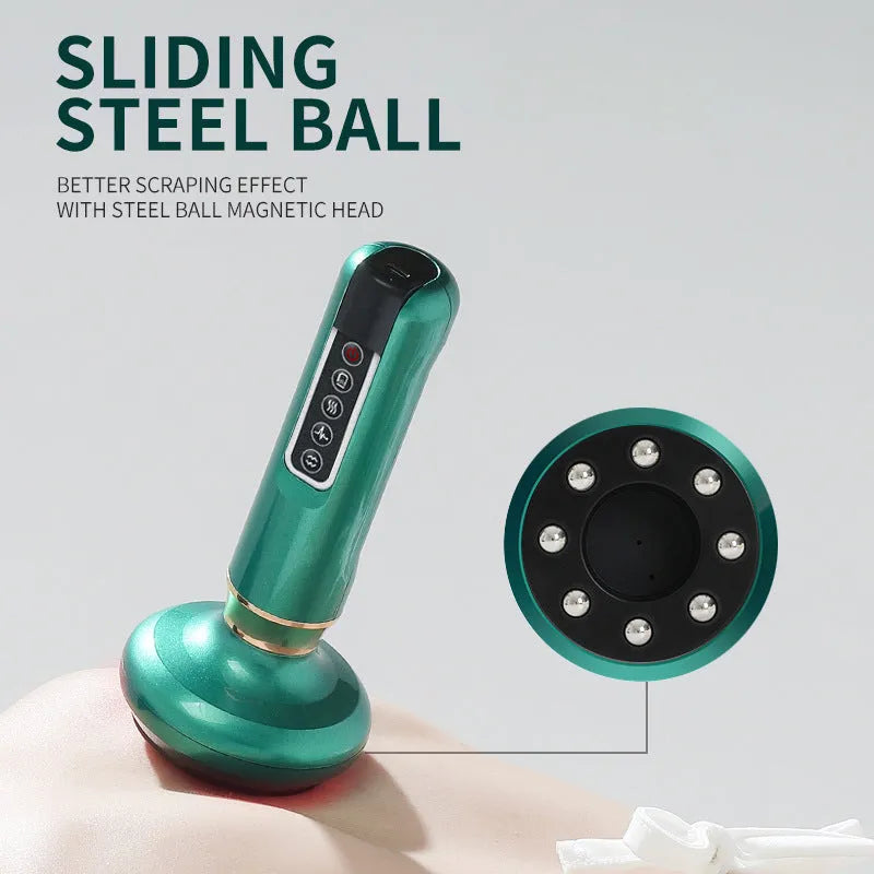 Green electric vacuum cupping massager with USB charger on a white background.