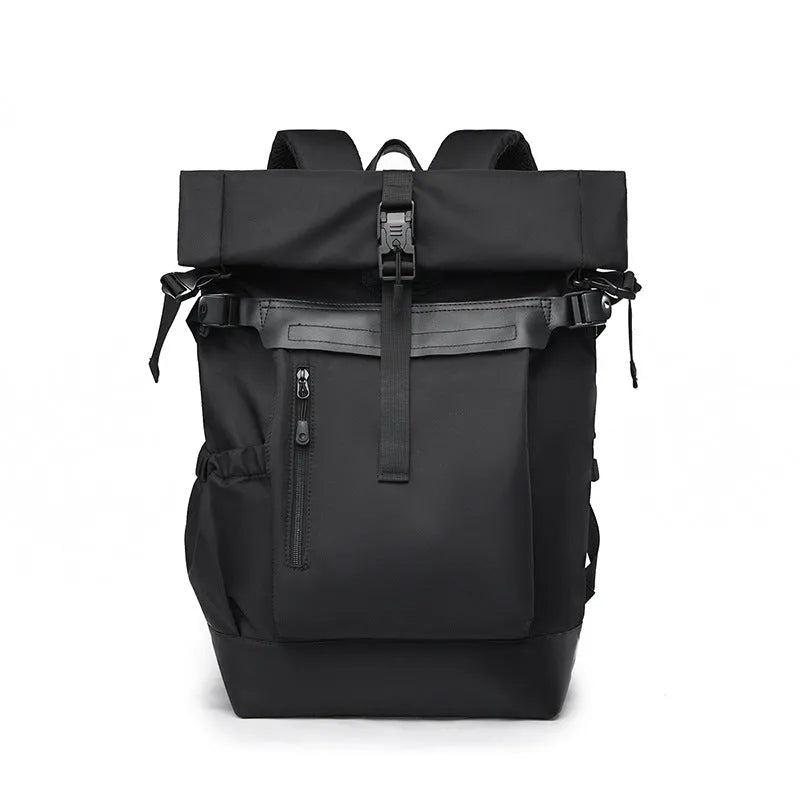 Men's multi-functional outdoor travel business backpack in black waterproof nylon